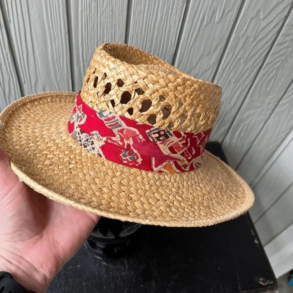 Vintage Woven Straw Hat Small USA Made Red Band Western Boho Summer CHCO WPL - Picture 1 of 10